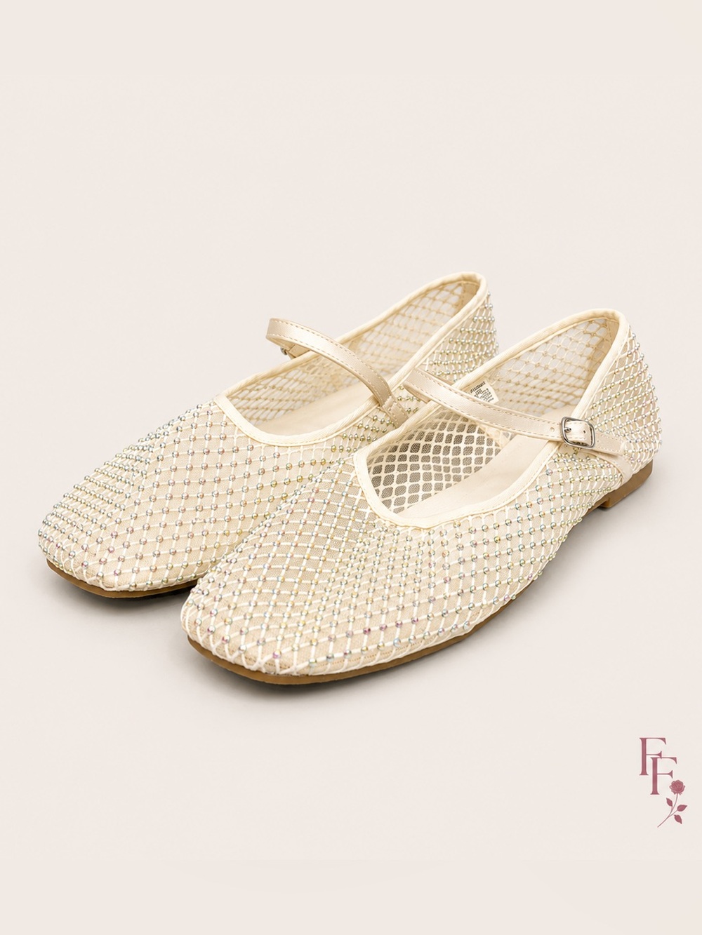 ZARA Ivory Rhinestone Mesh Mary Jane Ballet Flats Women’s Size 39